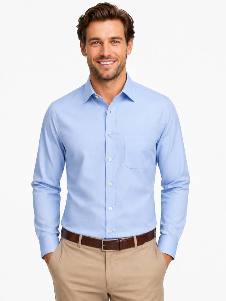 pale blue poplin shirt front model