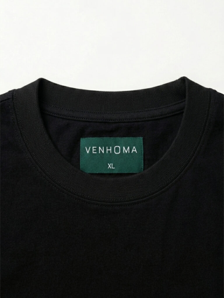 black t shirt front neck label close up