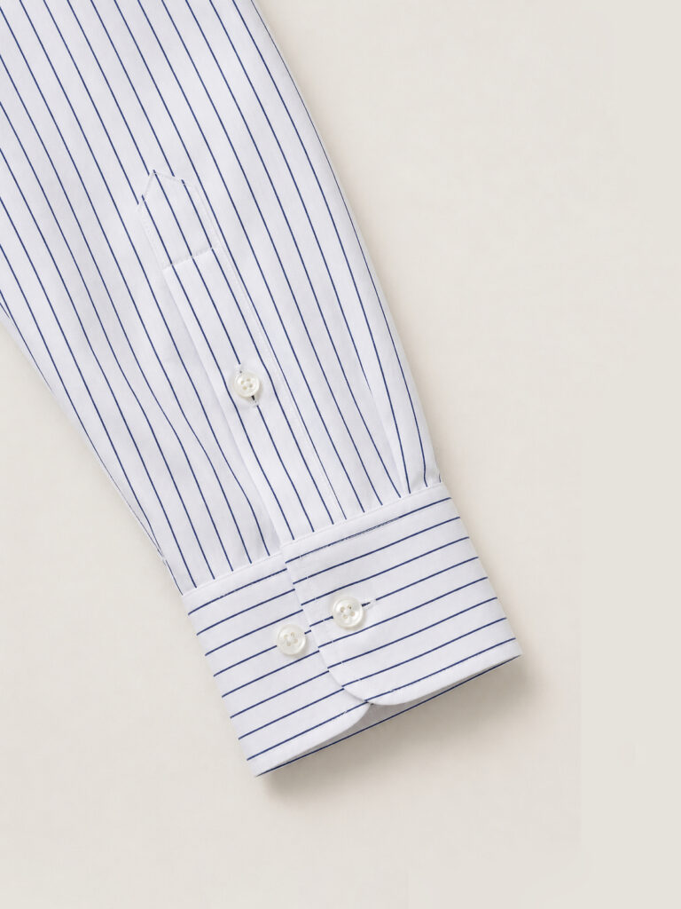 pin stripes white oxford cotton shirt sleeve detail close up