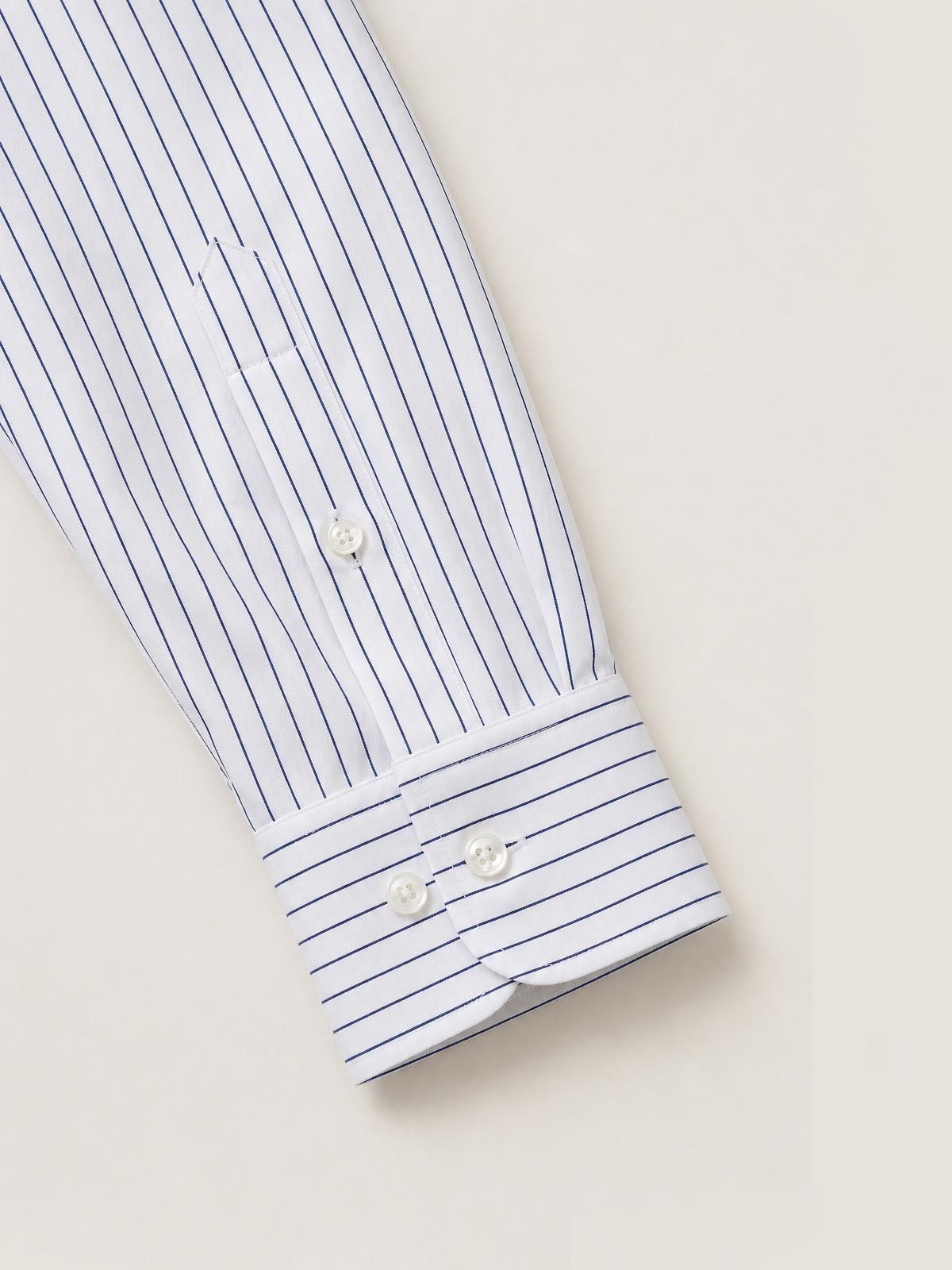 pin stripes white oxford cotton shirt sleeve detail close up