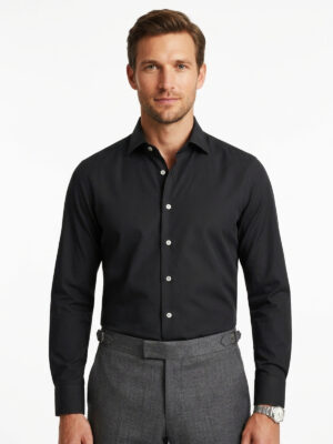 Charcoal black cotton poplin shirt, front view