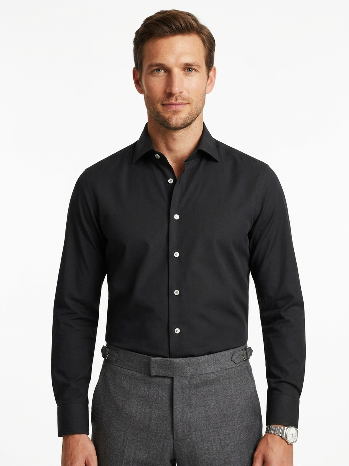 Charcoal black cotton poplin shirt, front view