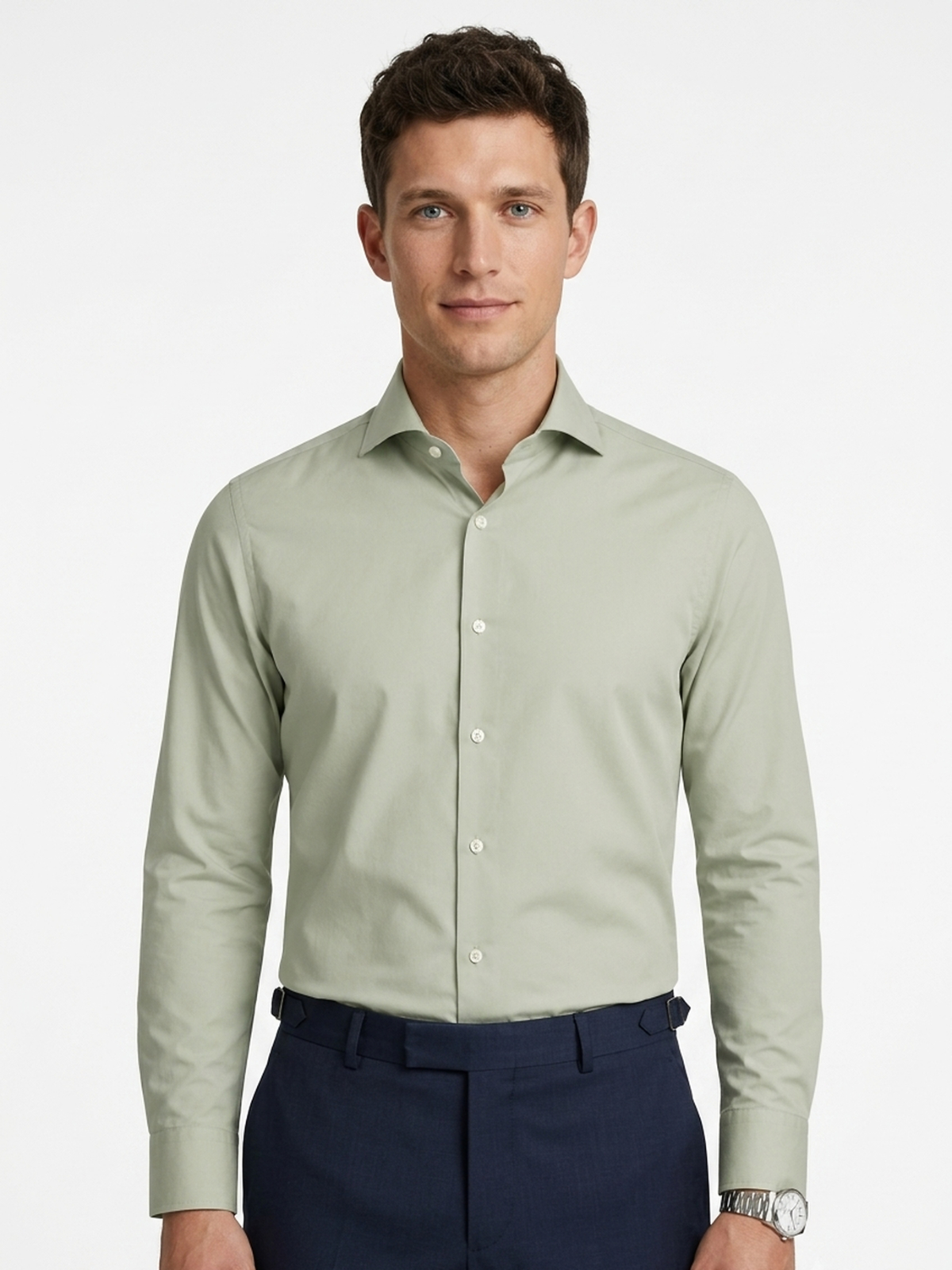 Sage Green 100% Cotton Shirt Spread Collar, Regular Fit