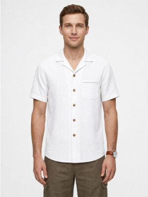 White linen Cuban collar shirt, front view